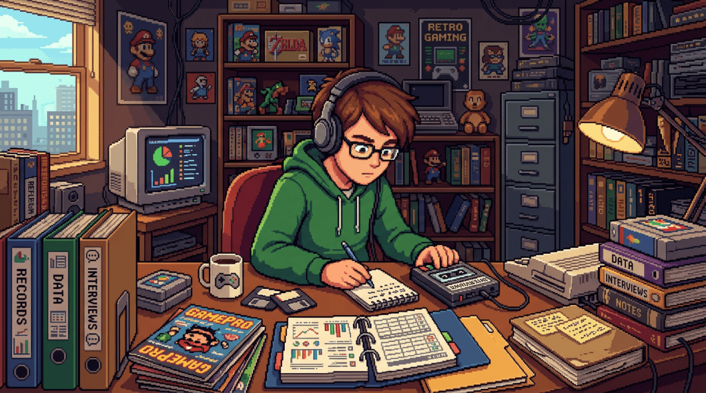 Gaming journalist researching with records data interviews no text